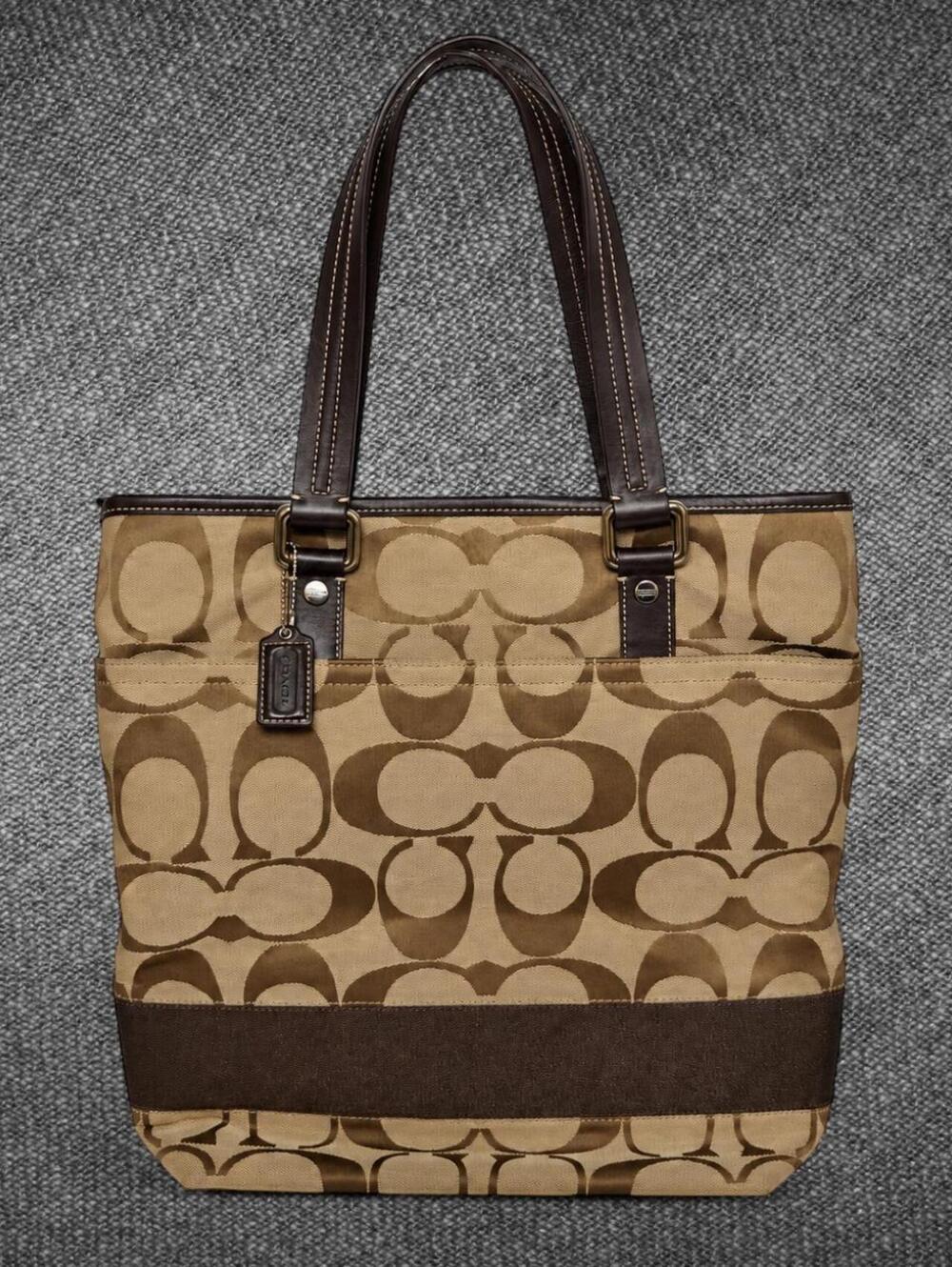 Coach Signature Jacquard Brown Leather Trim Tote Bag